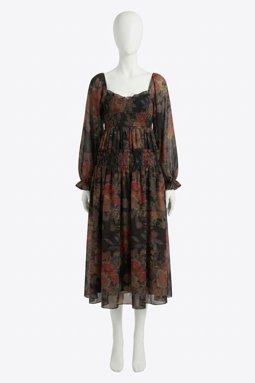 NEW PROMESA floral-print smocked bubble sleeve maxi dress in black